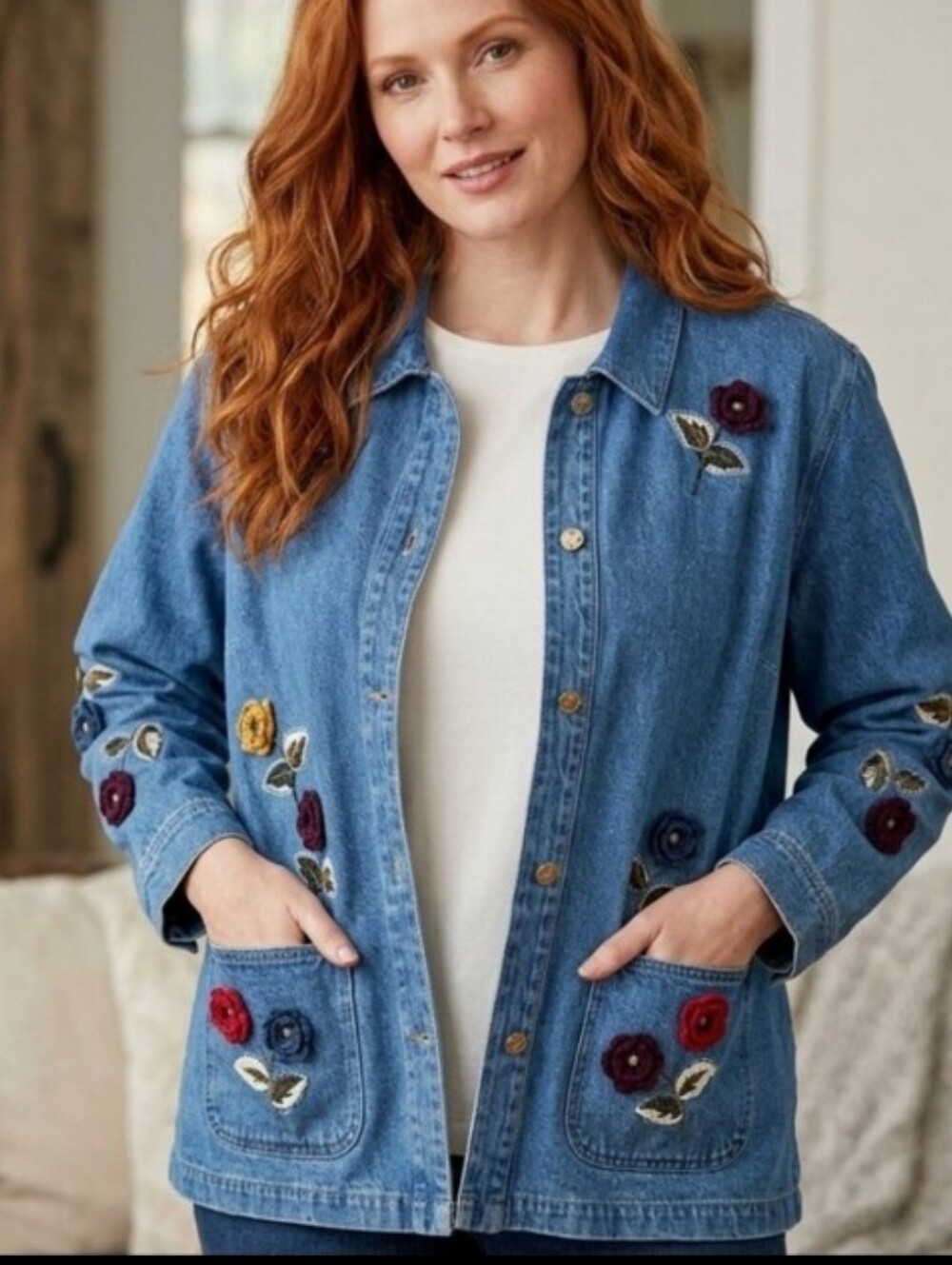 CJ Banks Vintage Blue Denim Crochet Embroidered Floral Chore Jacket